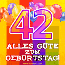 Große Zahl 35 in Umrissschrift, die Worte 'Alles Gute zum 42. Geburtstag', mehrfarbige animierte Ballons und lebendiger Hintergrund.