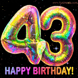 Shiny number 43 birthday celebration balloons with an iridescent glow and glitter on a black background with twinkling stars.