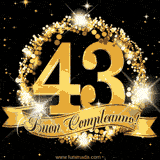 Il numero 43 è circondato da un anello dorato brillante, accompagnato da un nastro elegante con la scritta 'Buon Compleanno!' su uno sfondo scuro.