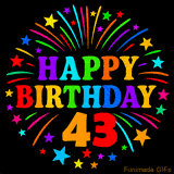 A birthday cake with lit candles is shown with colorful balloons and animated confetti.