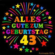 Animiertes GIF 'Alles Gute zum Geburtstag 43 mit bunten Buchstaben und leuchtenden Sternen