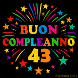 GIF animata 'Buon Compleanno 43' con lettere colorate e fuochi d'artificio