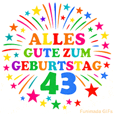 Bunte 'Alles Gute zum Geburtstag' Animation für den 43. Geburtstag mit Sternen und bunten Farben