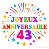GIF animé joyeux anniversaire 43 ans avec étoiles multicolores et feu d’artifice