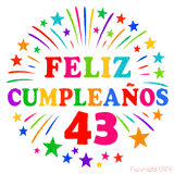 Imagen animada para felicitar los 43 años con letras de colores y diseño festivo.
