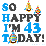 A fun birthday animation celebrating turning 43 with colorful party hats, smiling faces, and cheerful emojis.