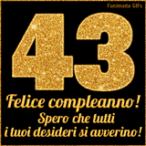 Un GIF animato per un 43° compleanno, Presenta il testo 'Buon Compleanno 43' su uno sfondo giallo vivo con palloncini colorati, festoni e una pioggia di coriandoli.