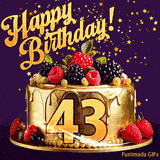 A delicious-looking animated birthday card for a 43rd birthday, decorated with raspberries, blackberries, and gold details, Stars sparkle and fall, with 'Happy Birthday!' text above.
