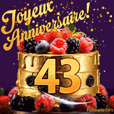 Une animation de célébration d'un gâteau de 43ème anniversaire, Des étoiles dorées tombent du ciel, mettant en valeur le texte 'Joyeux Anniversaire !' et le nombre doré 43 à l'avant du gâteau.