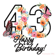 A floral 43rd birthday animated greeting card. The number '43' is surrounded by animated flowers and butterflies, creating a beautiful and cheerful way to celebrate the milestone.