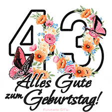 Ein florales GIF zum 43. Geburtstag. Die Zahl '43' ist von animierten Blumen und Schmetterlingen umgeben und bietet eine schöne und fröhliche Art, den Meilenstein zu feiern.