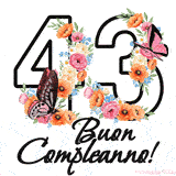 Questo GIF di Buon 43° Compleanno mostra il numero venti riempito con un vibrante bouquet di fiori animati, con farfalle che si muovono dolcemente su uno sfondo bianco.