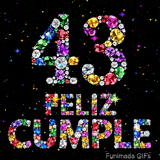Visualización del número 43 junto al texto FELIZ CUMPLE. Los caracteres y las cifras son de joyas de distintos colores sobre un fondo negro.
