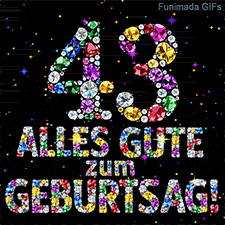Aus bunten Kristallen geformte Ziffer 43 und der Schriftzug Alles Gute zum Geburtstag vor schwarzem Hintergrund mit kleinen Glitzersternen.