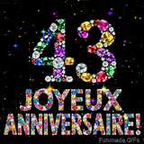 Image animée montrant le chiffre 43 et le texte Joyeux Anniversaire composés de pierres précieuses, avec un effet de scintillement sur fond noir.