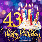 A sweet cupcake with lit colorful candles sits beside the golden number 43. Cursive Happy Birthday text is below on a sparkling purple lighted background.