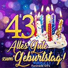 Der goldene Glückwunsch 'Alles Gute zum Geburtstag!' unter einer 43. Daneben ein Cupcake mit brennenden Kerzen auf violettem Grund.
