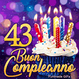 GIF di Buon Compleanno 43 anni mostrante il numero 43 in oro, un cupcake illuminato e dettagli dorati.