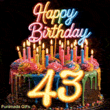 Spinning birthday cake GIF for 43rd birthday decorated with rainbow frosting, lit candles, and glowing yellow number 43.