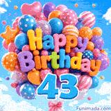Floating against white clouds, this vibrant balloon cluster features Happy Birthday balloon text and a blue digit 43 hanging below.