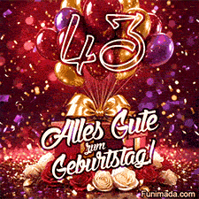 Die goldene Zahl 43 strahlt zwischen roten goldenen lila Ballons Geschenken Rosen und Konfetti mit Alles Gute zum Geburtstag auf festlichem rotem Grund