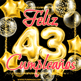 Animación de un GIF con el número 43 en dorado, rodeado de estrellas, burbujas brillantes y la frase 'Feliz cumpleaños' en letras modernas y festivas.