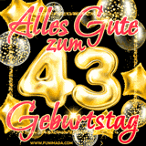 A vibrant greeting card featuring colorful balloons in the background with the large number '43' and the words 'Happy Birthday!' in glowing, bold text