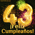 ¡Muy felices 43 años! GIF de texto dorado y fuegos artificiales.