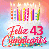 GIF animado con un pastel blanco decorado con confites y velas de colores encendidas, acompañado de la frase 'Feliz 43 cumpleaños' sobre un fondo alegre.