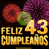 GIF animado con el número 43 en dorado, rodeado de fuegos artificiales rojos, verdes y morados, con el mensaje 'Feliz cumpleaños' en letras doradas.