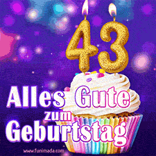 Ein glänzendes Geburtstags-GIF mit goldenen Kerzen mit der Zahl 43 auf einem weißen cremefarbenen Cupcake und dem Text 'Alles Gute zum Geburtstag'.