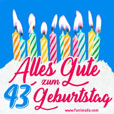 Ein buntes Geburtstags-GIF mit strahlenden Kerzen auf einer festlichen Torte zur Feier des 43.