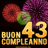 Animazione di fuochi d'artificio colorati con il numero 43 in oro brillante e la scritta 'Buon Compleanno' su uno sfondo nero festivo ed elegante.