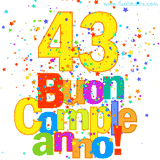 Animazione con il numero 43 in giallo e scritte multicolore 'Buon Compleanno!', accompagnate da una pioggia di stelle e coriandoli colorati.