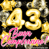 Animazione con palloncini dorati a forma del numero 43, circondati da decorazioni scintillanti e la scritta 'Buon Compleanno!' in caratteri rosa accattivanti.