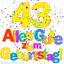 Geburtstags-GIF mit animierten bunten Sternen, der großen Zahl 43 und dem mehrfarbigen Text 'Alles Gute zum Geburtstag'.