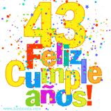 GIF festivo lleno de confeti de colores, el número 43 grande en amarillo y la frase 'Feliz cumpleaños' en letras multicolores y brillantes.