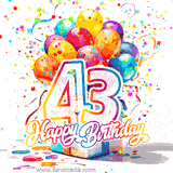 A festive birthday age GIF with animated star confetti, colorful balloons, and a gift box with the number 43. The text reads 'Happy Birthday'.