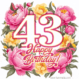 A celebratory GIF image features the animated number '43' and the words 'Happy Birthday!' surrounded by pink and yellow flowers. Two moving butterflies are included in this festive design.
