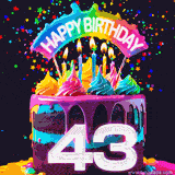 Chocolate cake with cyan layers, pink dressing and a big number 43 adorned with vibrant multicolored frosting, lit candles, and a rainbow topper with text that says 'Happy Birthday'. Animated colorful confetti move behind the cake.