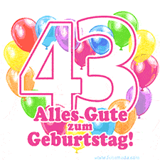 Ein verspieltes animiertes Geburtstags-GIF mit bunten Ballons in Herzform und der Zahl 43.
