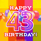 A birthday cake with lit candles is shown with colorful balloons and animated confetti.