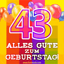 Große Zahl 35 in Umrissschrift, die Worte 'Alles Gute zum 43. Geburtstag', mehrfarbige animierte Ballons und lebendiger Hintergrund.