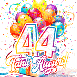 Animazione con palloncini colorati e scintillanti, accompagnata dal numero 44 in caratteri grandi e luminosi, e la scritta 'Tanti Auguri!' in stile vivace.