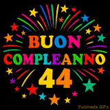 GIF animata 'Buon Compleanno 44' con lettere colorate e fuochi d'artificio