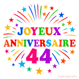 GIF animé joyeux anniversaire 44 ans avec étoiles multicolores et feu d’artifice