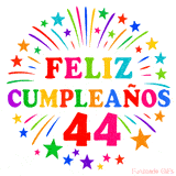 Imagen animada para felicitar los 44 años con letras de colores y diseño festivo.