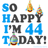 A fun birthday animation celebrating turning 44 with colorful party hats, smiling faces, and cheerful emojis.