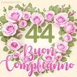 GIF per il 44° compleanno con un cuore di rose rosa e scritta elegante