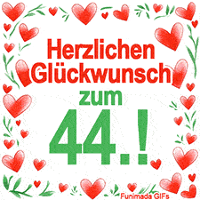Animierte Grafik mit dem Spruch „Herzlichen Glückwunsch zum 44.!“. Der Text ist von einem funkelnden Rahmen aus roten Herzen und grünen Blättern auf weißem Hintergrund umgeben.